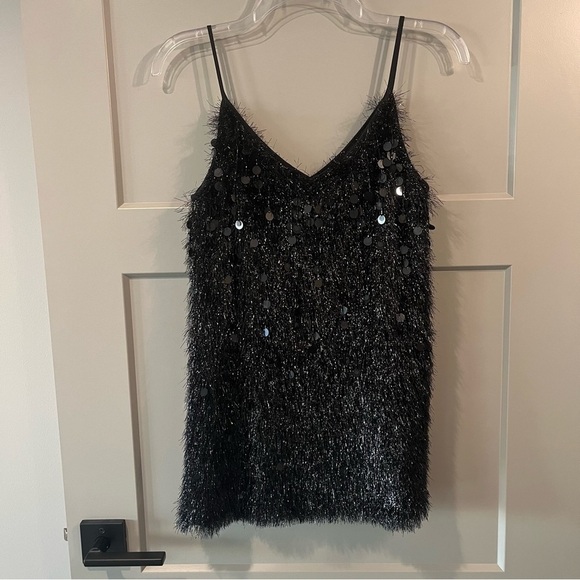 $498 NWT Lafayette 148 Medium Black Averie Fringe Sequin Tank Top Camisole - Picture 5 of 9